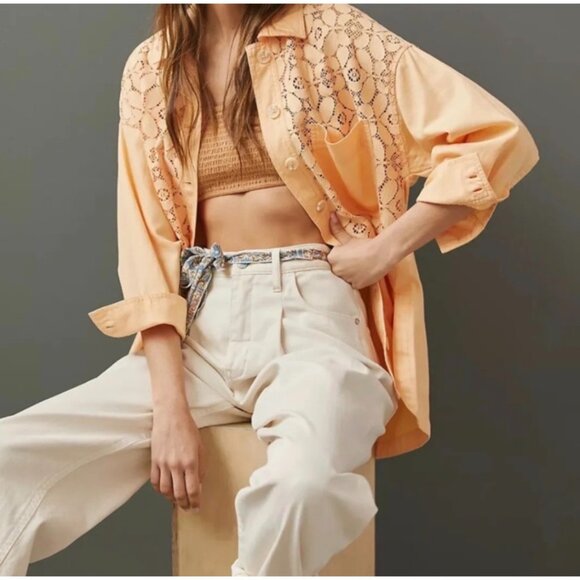 Anthropologie Maeve Lace Shirt Jacket Women Small Orange Shacket Cottage Western - Picture 2 of 16